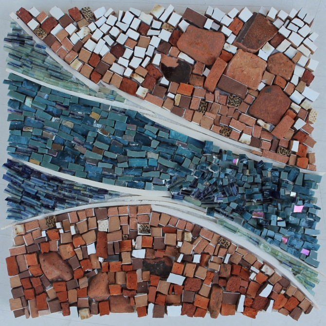 City - 2013. 20cm x 20cm. Recycled bricks, sandstone, recycled ceramics, glass, smaltis, hand made porcelain. sold.