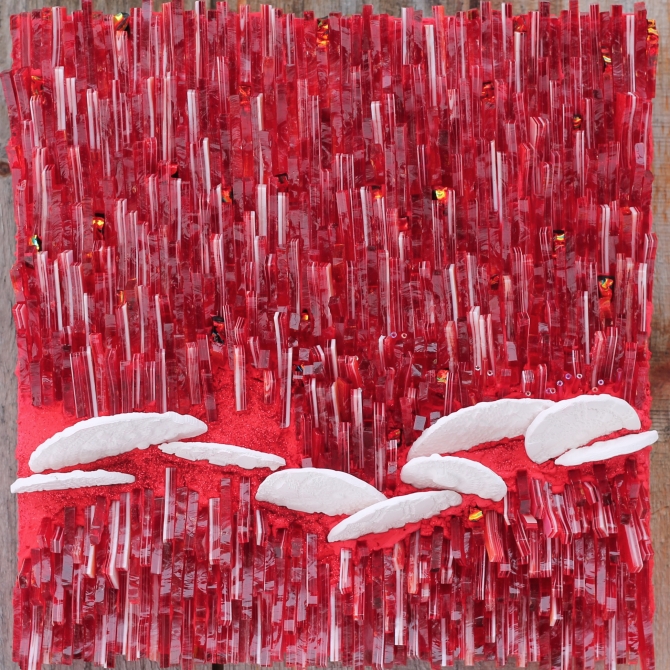 Rouge, pluie, printemps. - 2019, 20cm x 20cm. Verre, smalti, porcelaine, ciment-colle. 400-
